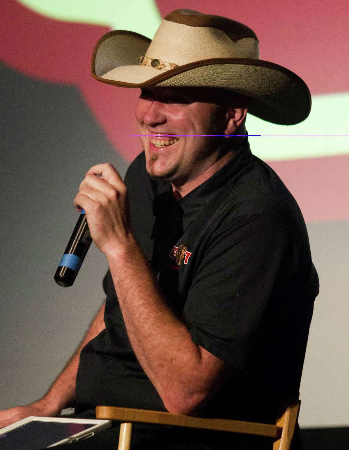 Rick Dyer takes questions from the audience at Monday night's show at the Alamo Drafthouse in Katy.