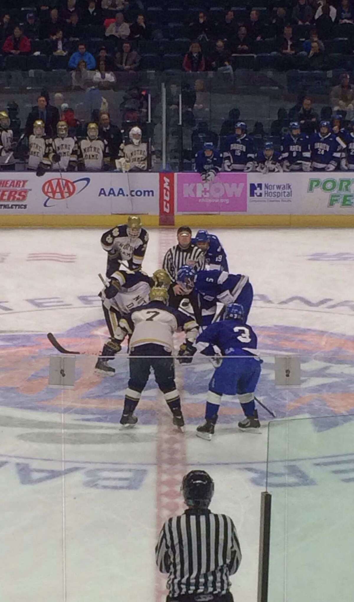Darien boys hockey prepares to drop the puck against Notre-Dame Fairfield at Webster Bank Arena on Saturday, February 15.