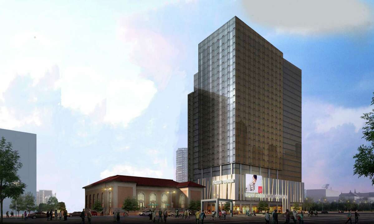 Artist's rendering showing the first phase of a proposed luxury housing tower near the site of the historic downtown post office in Stamford.