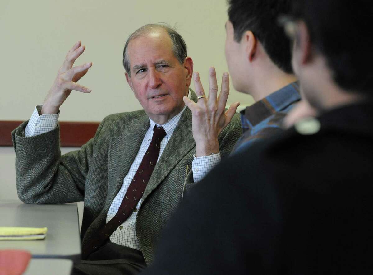 Alfred Sommer, a renowned public health expert, speaks with health students at Union College on Wednesday, Feb. 26, 2014, in Schenectady, N.Y. Sommer will be speaking at the school tomorrow. (Lori Van Buren / Times Union)