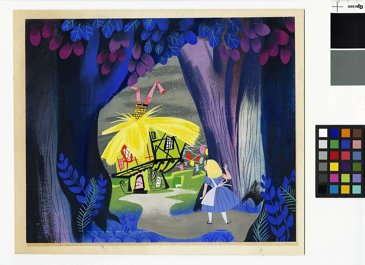 Mary Blair, "Concept of Alice looking at the White Rabbit's house," ca. 1951, gouache, 10.94 x 11 x 0.06 in (27.78 x 27.94 x 0.16 cm); "Magic, Color, Flair: the World of Mary Blair" opens March 13 and continues through Sept. 7 at the Walt Disney Family Museum. Courtesy of Pam Burns-Clair Family