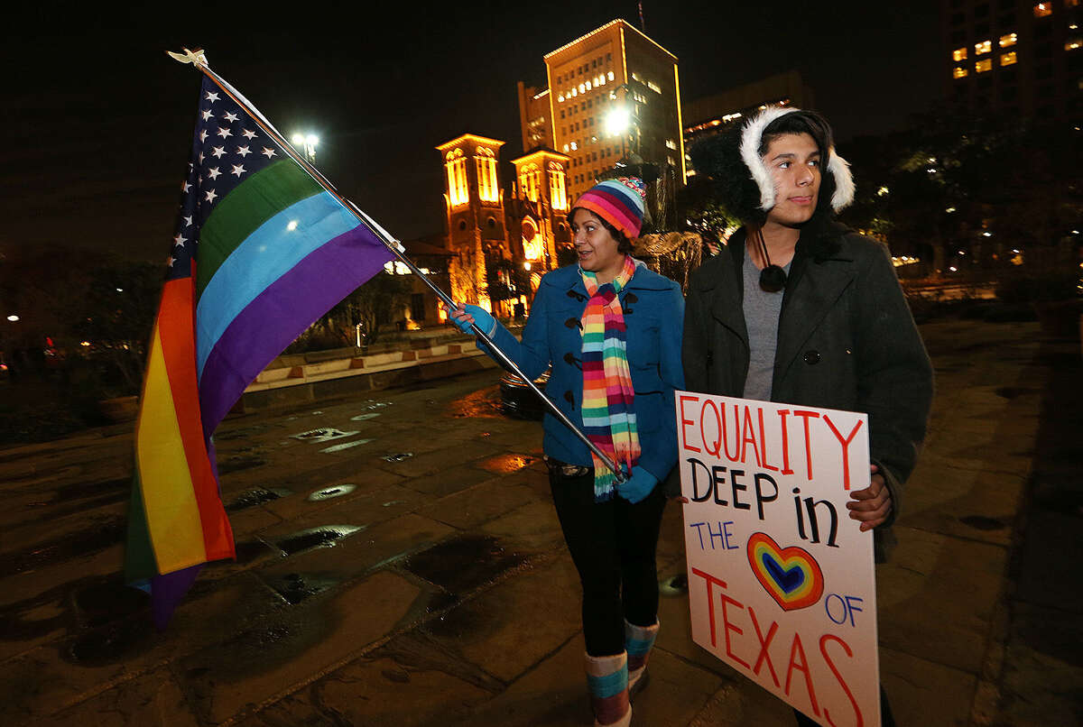 Minda Tovar and her son, Gavyn Rodriguez, were among the supporters of same-sex marriage who gathered to celebrate at the Bexar County Courthouse.