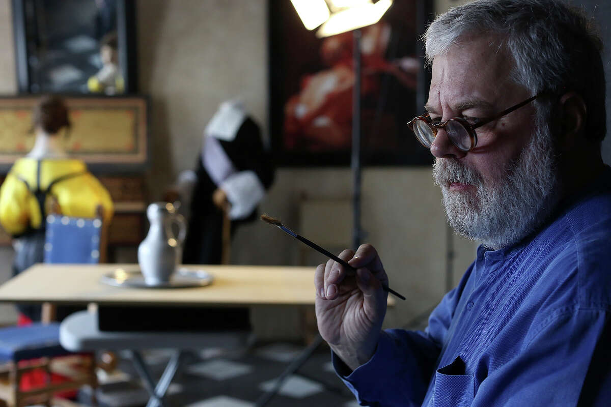 Tim Jenison, who used optical devices and mirrors to paint Vermeer's "The Music Lesson," talks about the process including the brushes he used, at his studio in San Antonio on Thursday, Feb. 20, 2014.