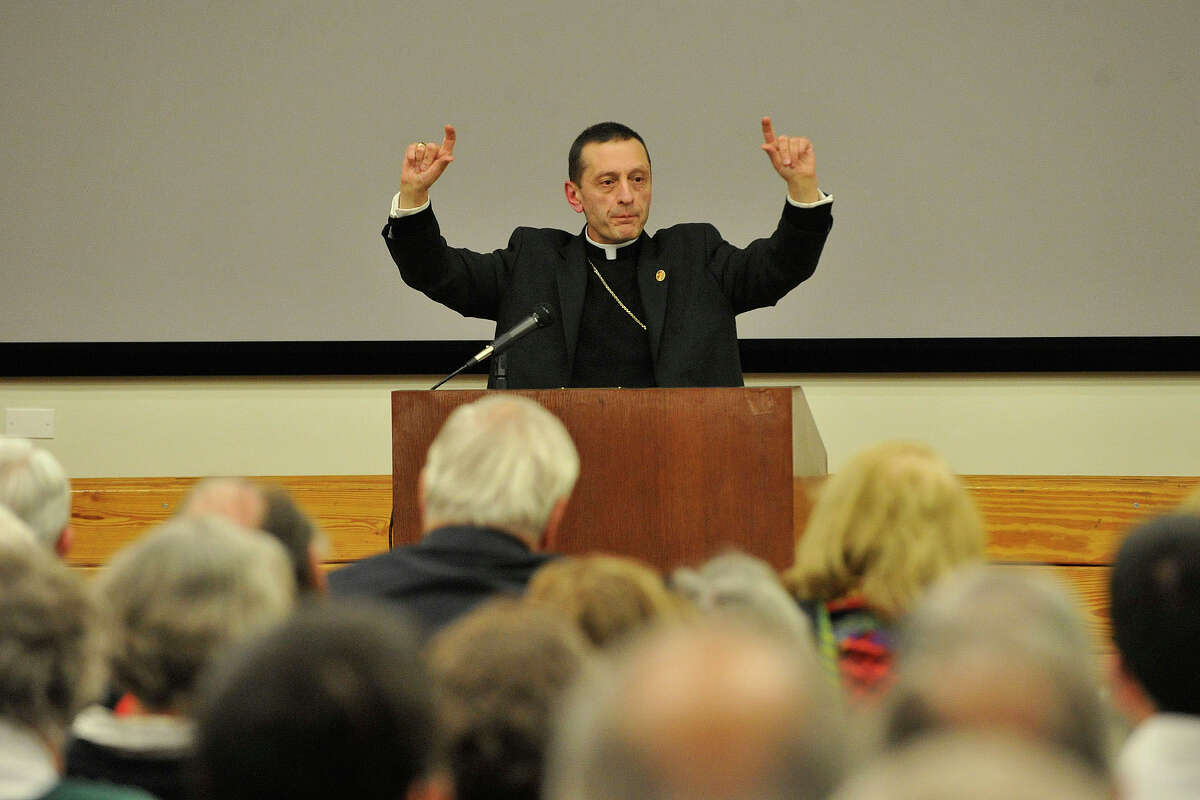 Bishop Frank Caggiano, of the Roman Catholic Diocese of Bridgeport, gives his speech titled To Speak the Truth in Love: The Challenge of Religious Discourse in a Pluralistic Society as part of the lecture series Civility in America at the Ferguson Library in Stamford, Conn., on Tuesday, March 4, 2014. Hearst Connecticut Media is a sponsor of the lecture series.