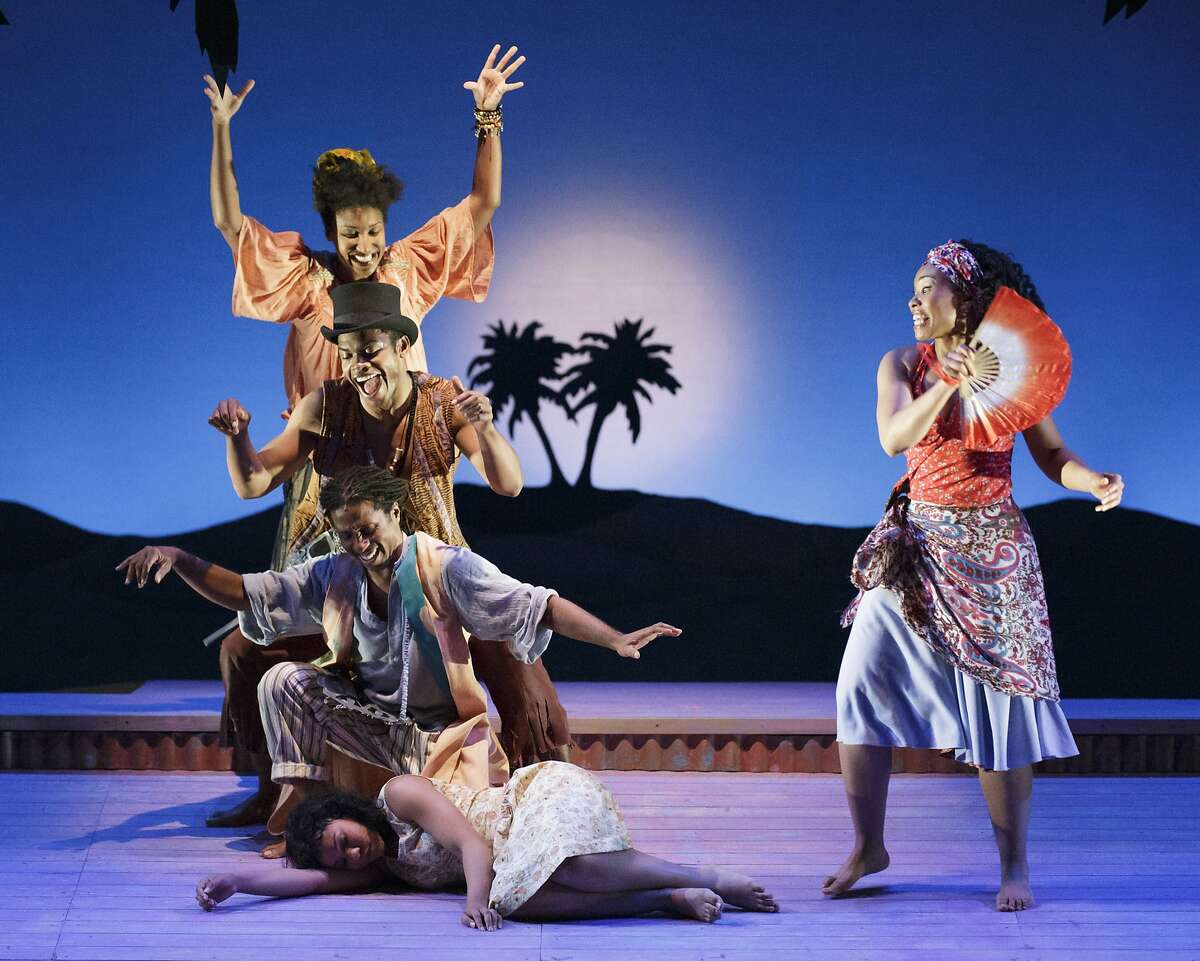 The cast of TheatreWorks' "Once on This Island" includes (clockwise, from bottom right) Salisha Thomas as Ti Moune, Omari Tau as Agwe Ð God of Water, Max Kumangai as Papa Ge Ð Demon of Death, Safiya Fredericks as Asaka Ð Mother of the Earth and Adrienne Muller as Erzulie Ð Goddess of Love. The musical runs through March 30 at the Lucie Stern Theatre in Palo Alto.