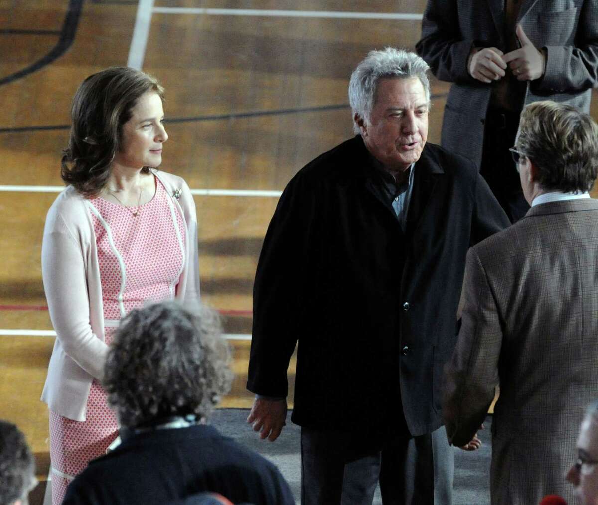 Actor Dustin Hoffman, right, on the set of "Boychoir," that was filming at the Greenwich Civic Center in Old Greenwich, Conn.,Tuesday afternoon, March 11, 2014.