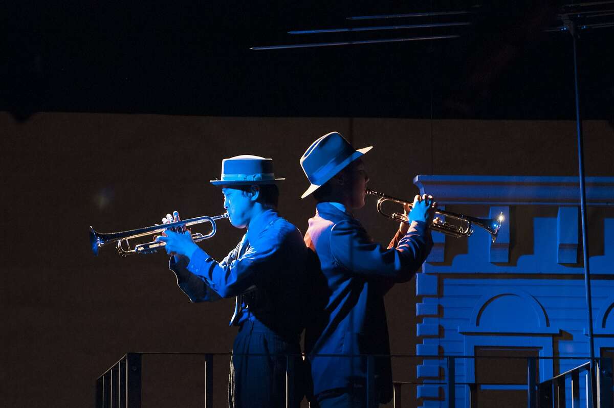 Brendan Liu is the trumpet playing Shadow Chet and Intae Kim plays Chet in Philip Kan Gotanda's "After the War Blues" at UC Berkeley's Zellerbach Playhouse