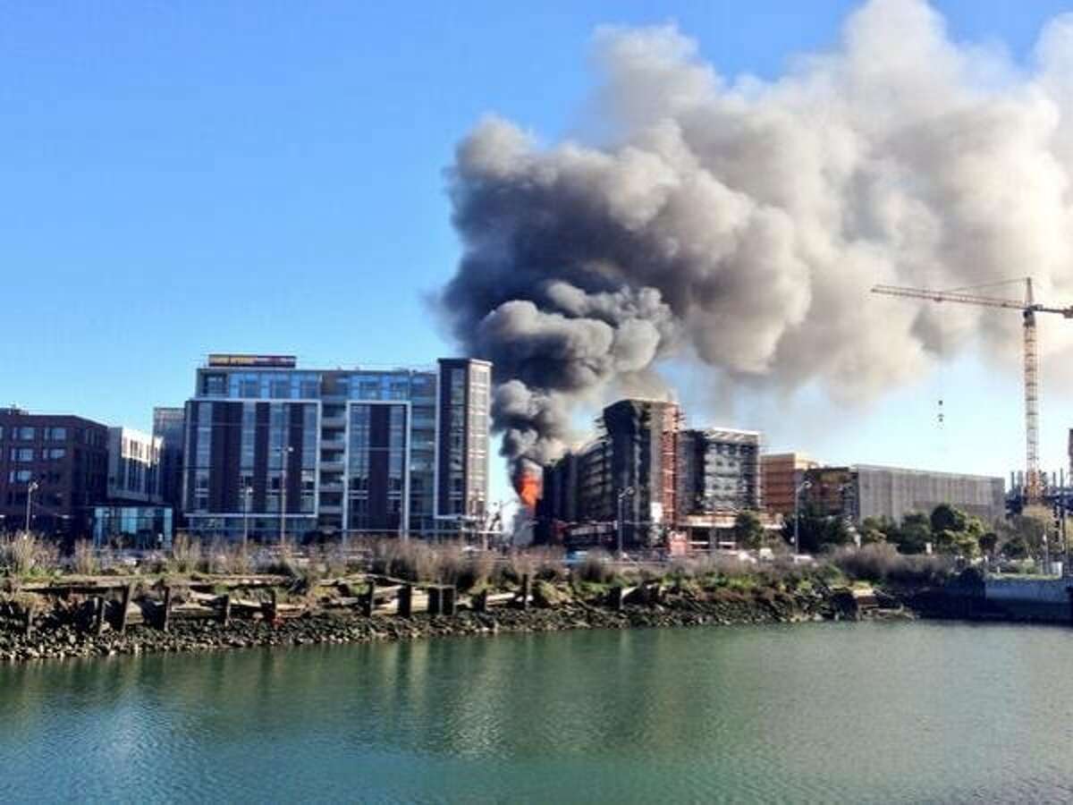 Smoke from a three-alarm fire in San Francisco's Mission Bay.