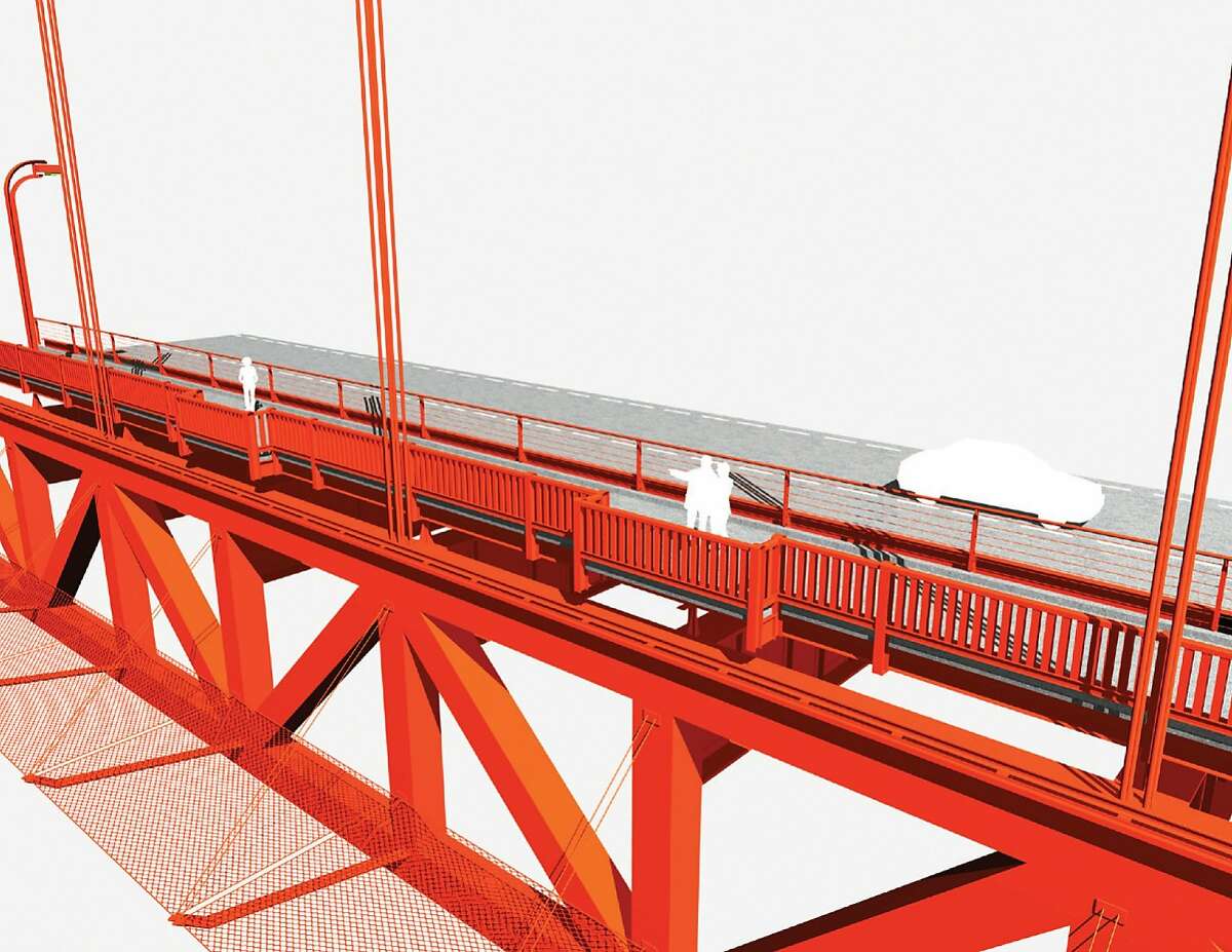 This rendering, provided by the Golden Gate Bridge District, shows how the proposed suicide barrier -- a net beneath the east side of the span -- approved by district directors Friday would look.