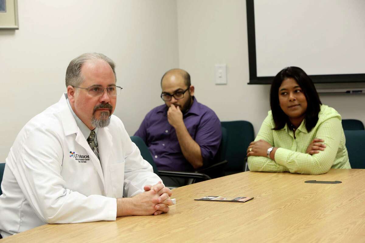 Bill Murff, Harviv Virk and Jesalina Raj listen as Jerry Thornton describes his experience as a participant in a research study providing treatment for both PTSD and alcohol use disorder through the South Texas Veterans Health Care System and the University of Texas Health Science Center at San Antonio.