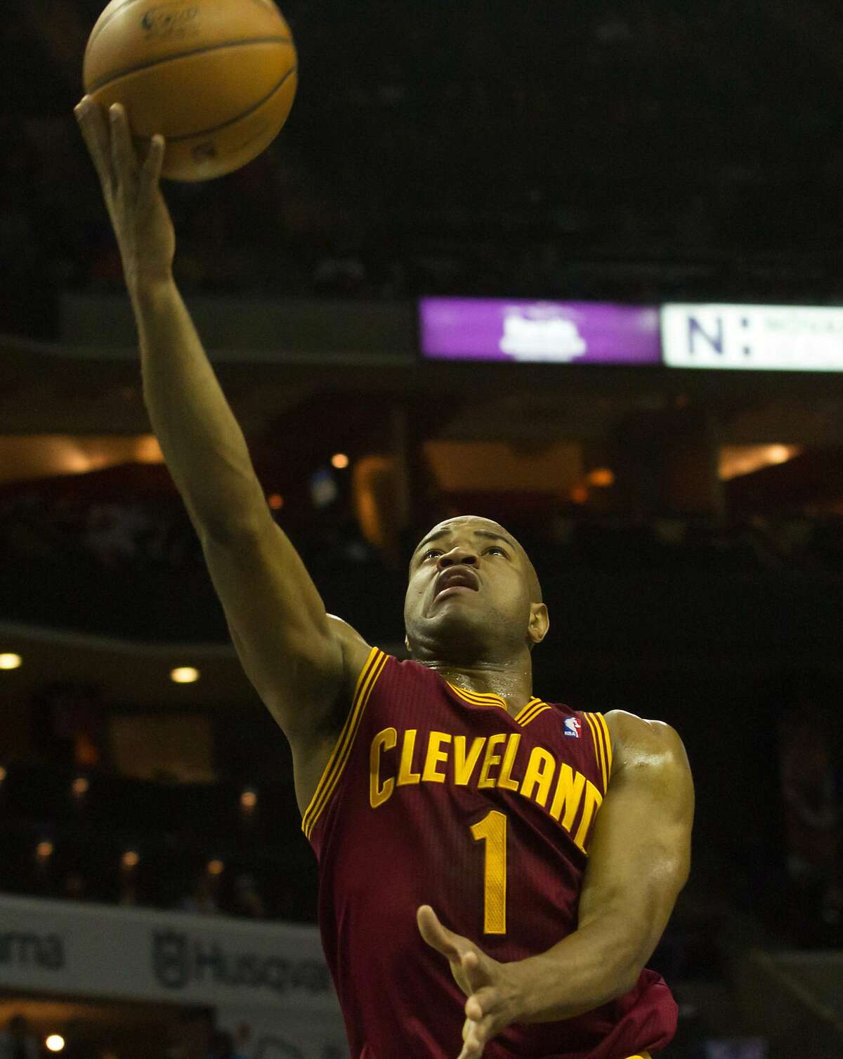 Mar 7, 2014; Charlotte, NC, USA; Cleveland Cavaliers point guard Jarrett Jack (1) goes up for a shot during the first half against the Charlotte Bobcats at Time Warner Cable Arena. Mandatory Credit: Jeremy Brevard-USA TODAY Sports