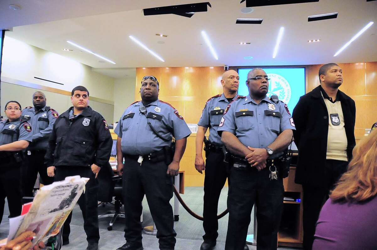 HISD police officers provided security at the Thursday night meeting, where tensions rose during debate over the fate of Jones High and Dodson Elementary. Protesters chanted and a man allegedly threatened Superintendent Terry Grier.