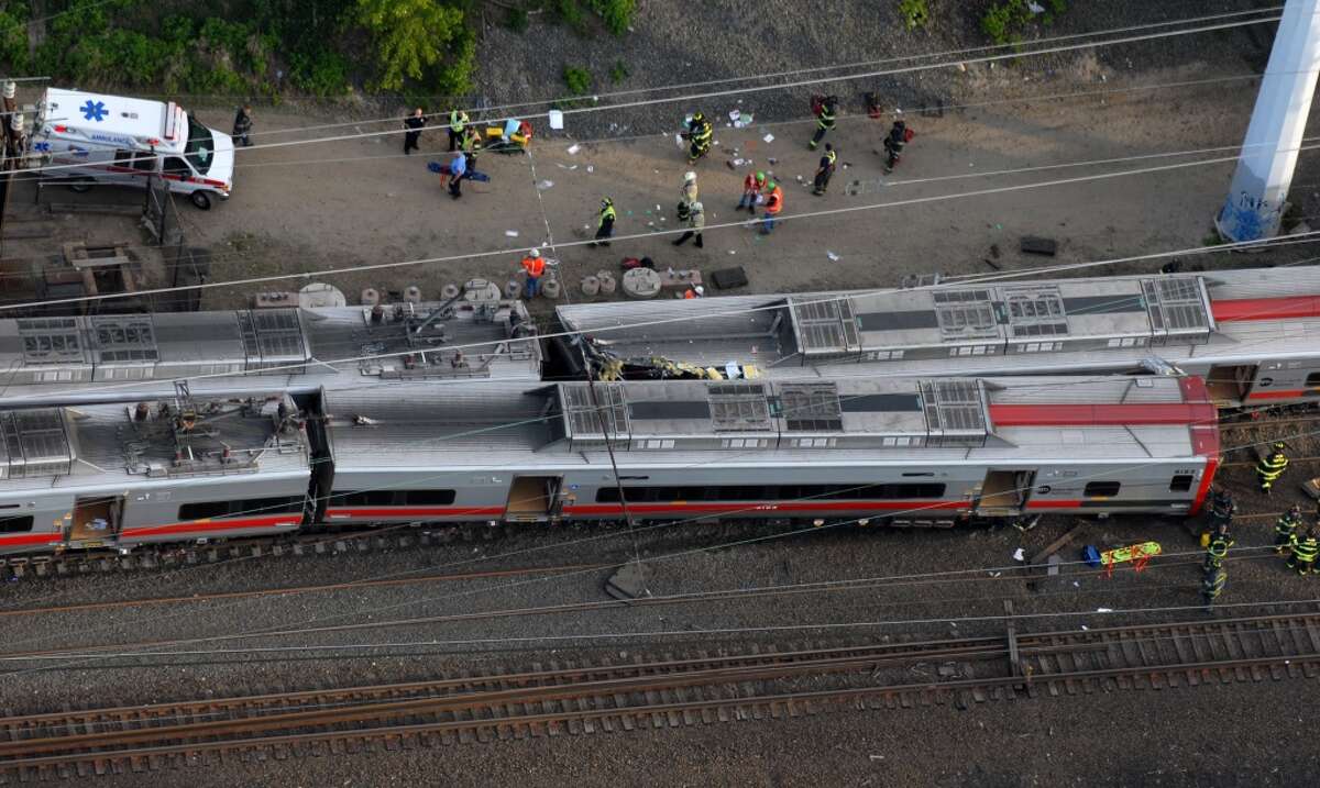 Morgan Kaolian/AEROPIX Two trains collided and one derailed shortly after 6 p.m. Friday May 17, 2013, in the vicinity of Commerce Drive along the Fairfield-Bridgeport line in Conn.