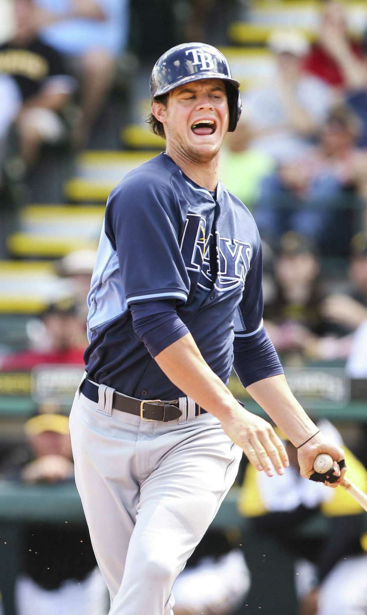 Tampa Bay right fielder Wil Myers winces in pain after hitting a foul ball into his right leg in the third inning against Pittsburgh. The Rays won 6-3, but Myers had to leave the game.