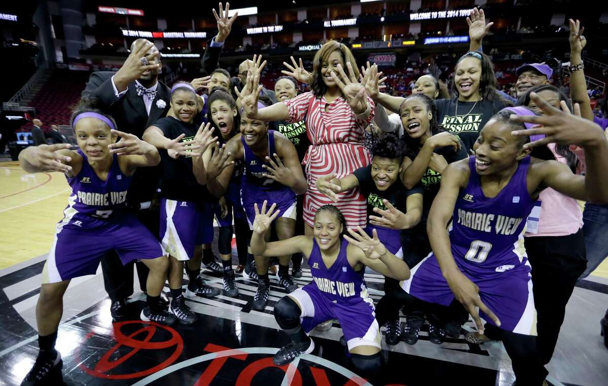 Prairie View A&M University In this photo, Prairie View A&M women's basketball team celebrates after beating Texas Southern 63-58 in an NCAA college basketball game in the championship of the Southwestern Athletic Conference tournament Saturday, March 15, 2014, in Houston.