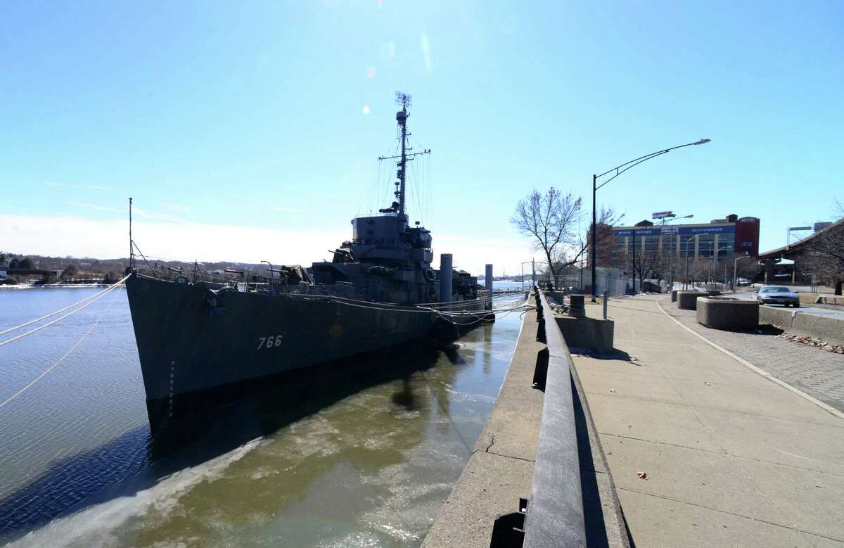 View of the USS Slater Monday afternoon, March 17, 2014, at the Slater's mooring dock on Broadway in Albany, N.Y. The ship is being prepared for travel down to Staten Island where it will be put in dry dock to undergo extended repairs. It was originally scheduled to be taken down earlier in the year, but those plans were scuppered due to the unexpectedly cold weather. This year's opening of the Destroyer Escort Historical Museum will be delayed until at least June 1. (Will Waldron/Times Union)