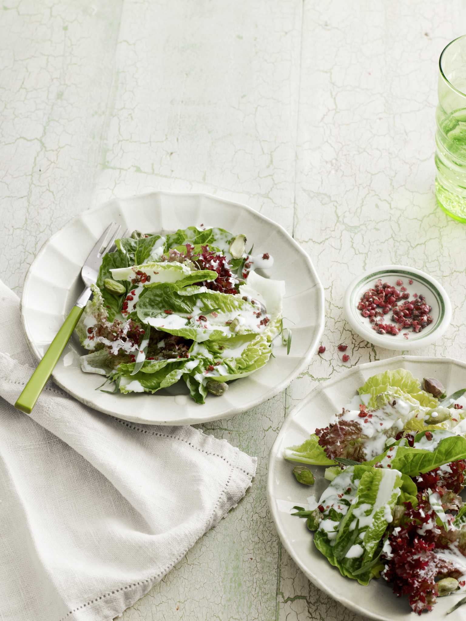 Recipe Baby Lettuces with GoatCheese Dressing, Pistachios, and Pink