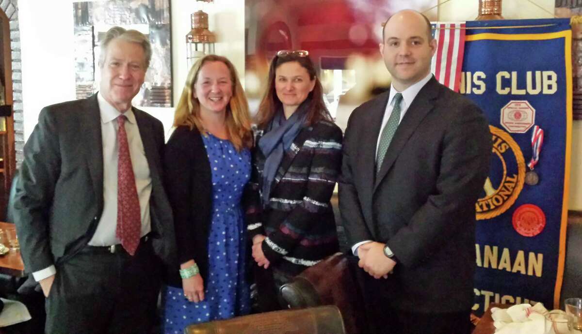 From left, Kiwanis Treasurer Jerry Miller, the Carriage Barn Arts Centerís Eleanor Flatow and Arianne Kolb, and Kiwanis Secretary David Hoyle, at a recent Kiwanis luncheon held at Picador on Elm Street.