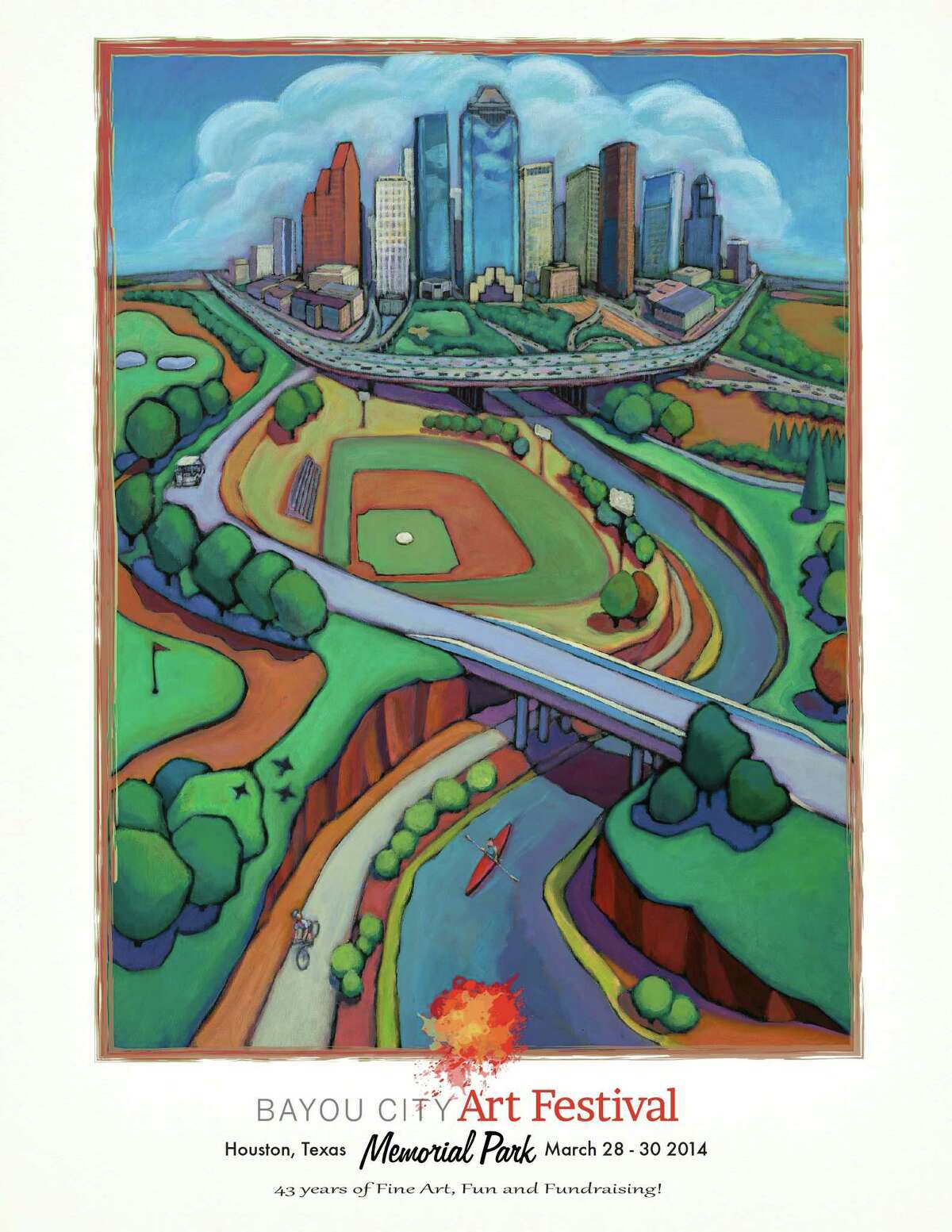 The 2014 Bayou City Art Festival poster features a painting of Houston's skyline and Memorial Park by artist Daniel Ng.