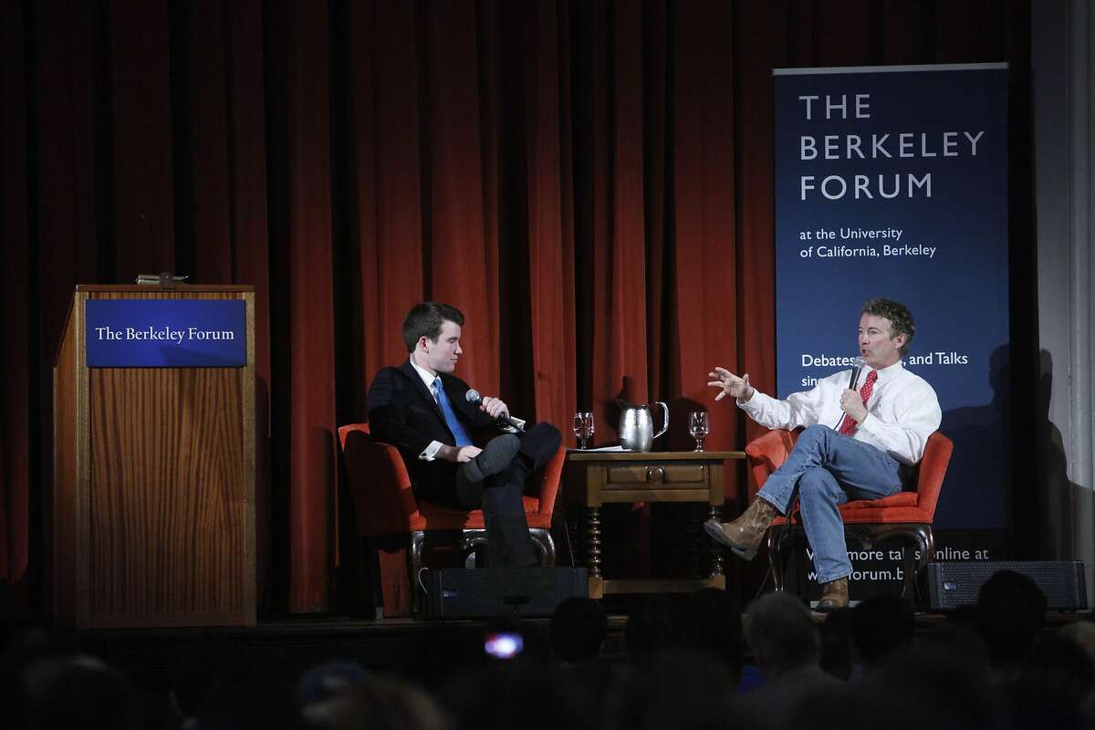 Senator Rand Paul (right) answers a question from moderator Matthew Freeman (left) during the Berkeley Forum at the Chevron Auditorium, International House on Wednesday, March 19, 2014, in Berkeley, Calif.