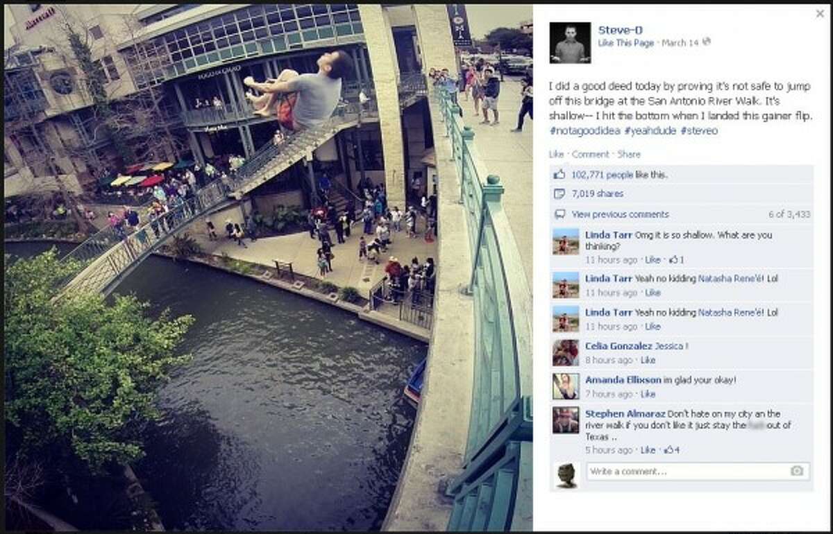 Steve-O posted on Facebook back in 2014 about the back-flip he did off the Commerce Street bridge into the downtown river.