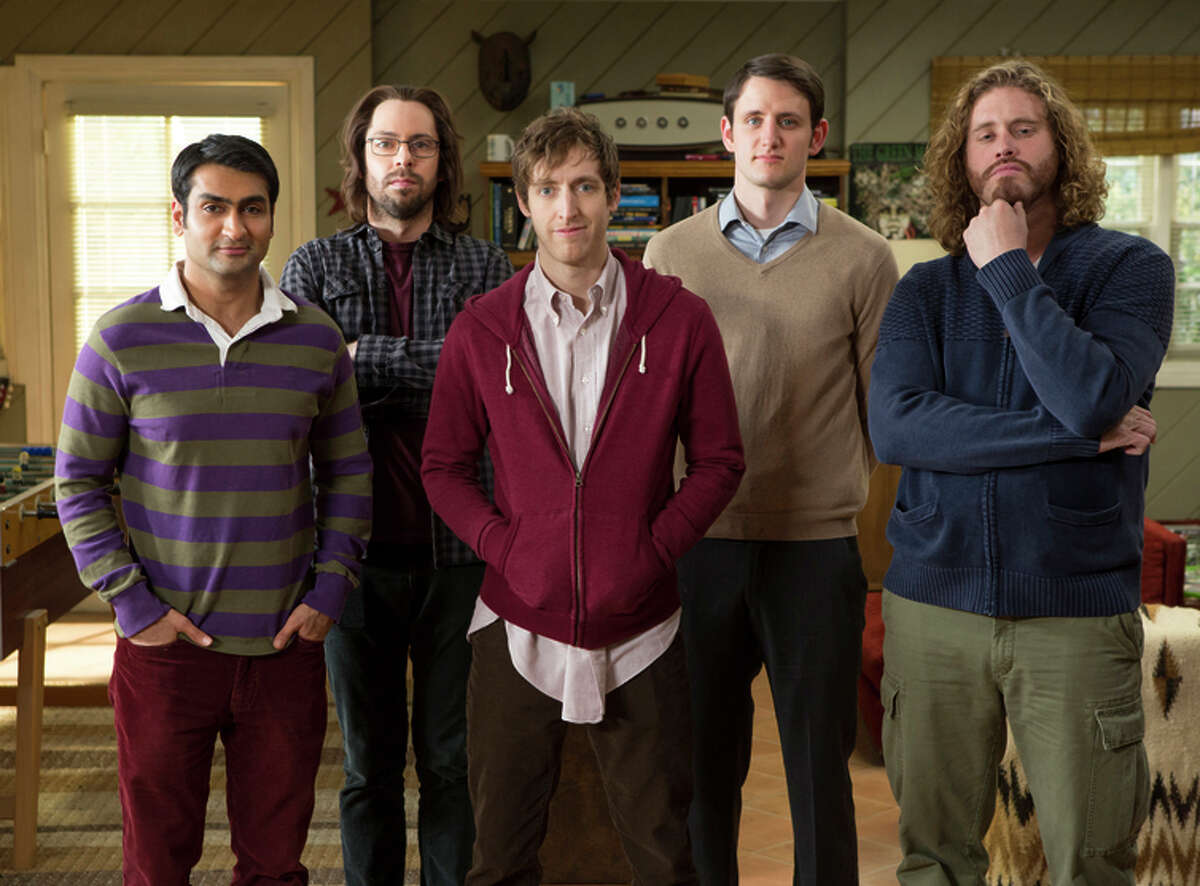 Kumail Nanjiani (left), Mar tin Starr, Thomas Middle ditch, Zach Woods and T.J. Miller are among the stars of the series “Silicon Valley.”