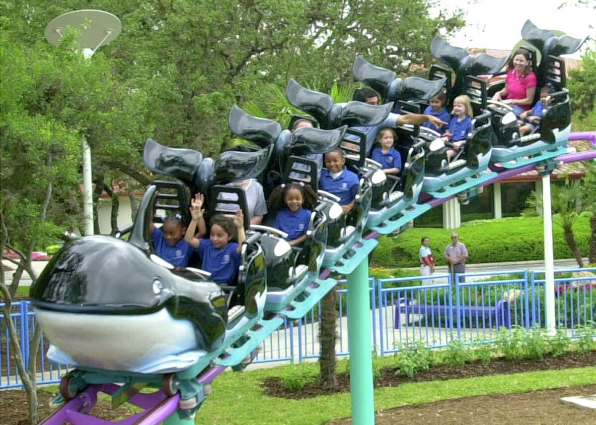 Kids ride on the Shamu Express rollercoaster at SeaWorld