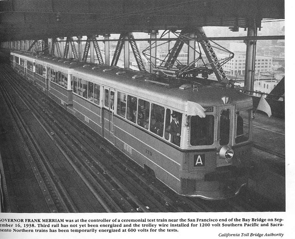Key Route Transbay Commuting by train and ferry part two. Old Key System train crossing San Francisco Bay Bridge. Photograph taken in September 1938.