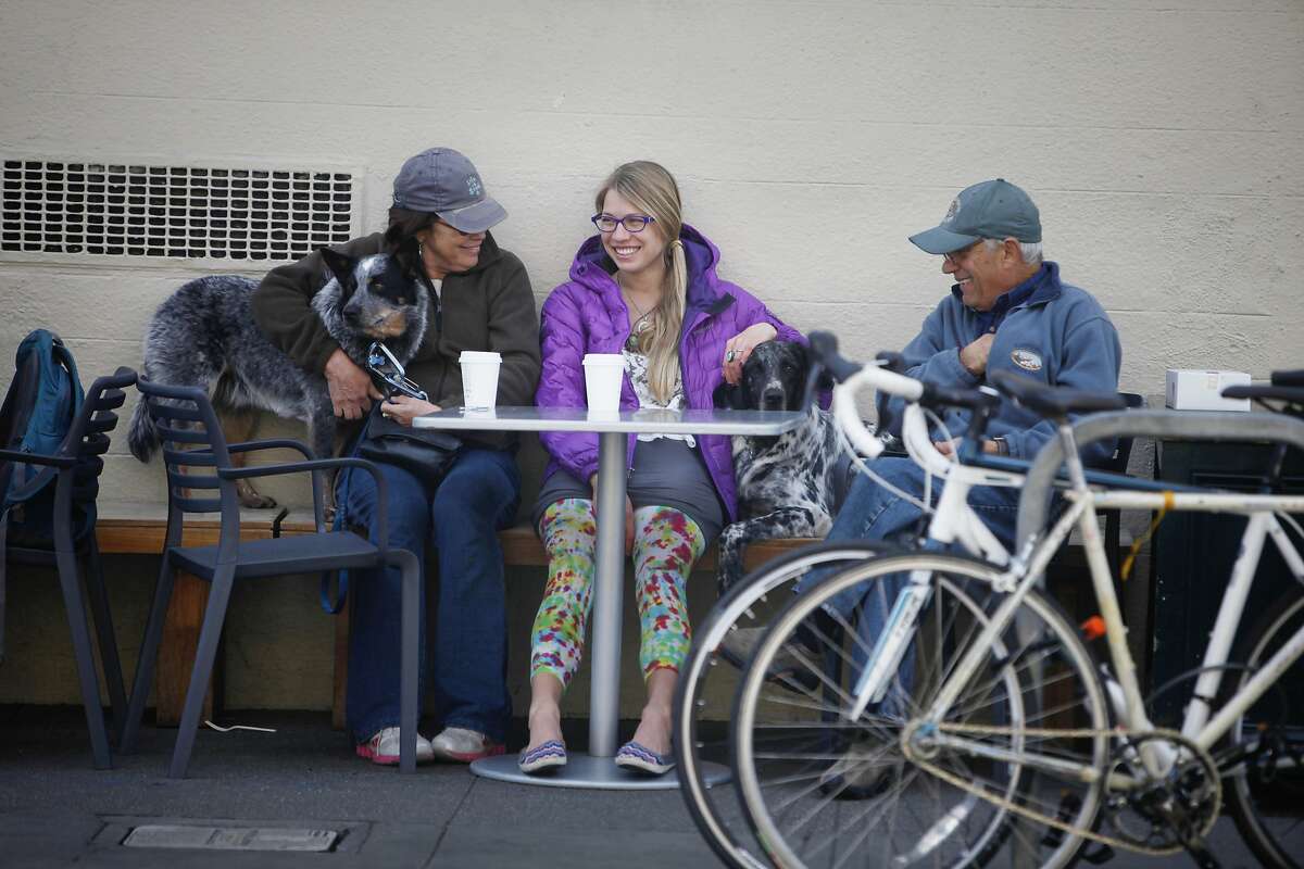 Patricia Stallone of Santa Monica, wraps her arms around Taz as she sits with Jill Broadbent of Utah who sits next to her other dog Zen and Dimitris Georgakopoulos of Santa Monica at a table at Tartine on 18th Street on Friday, March 21, 2014, in San Francisco, Calif.