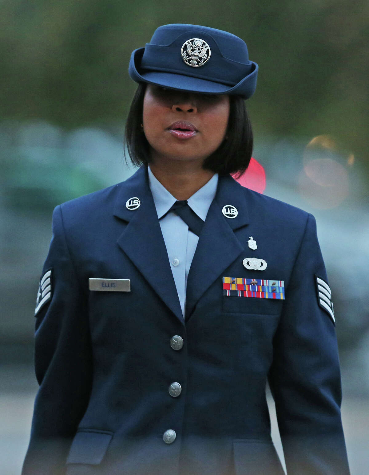 U.S. Air Force Staff Sgt. Annamarie Ellis arrives at Lackland Air Force Base for her trial on malt raining and maltreating basic trainees charges, Monday, March 24, 2014.