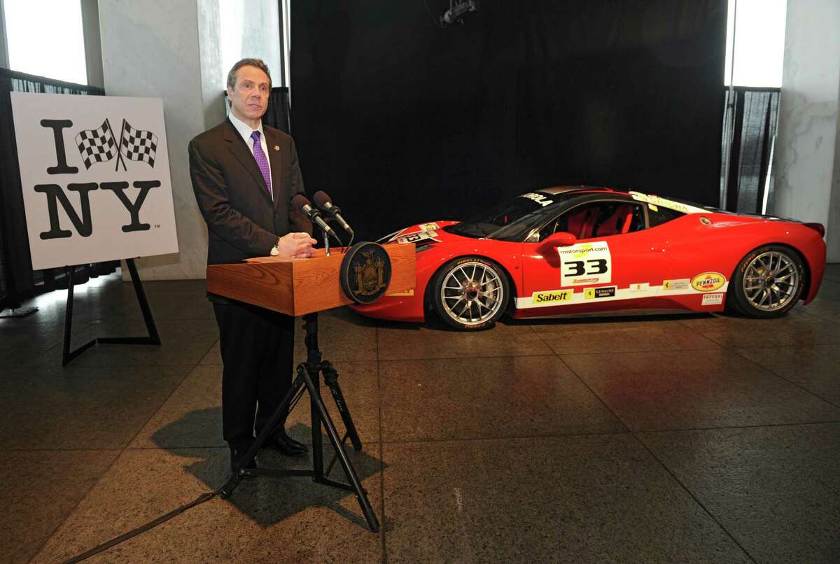 Gov. Andrew Cuomo announces the Ferrari Challenge race at Watkins Glen International September 19-21 during a press conference at the New York State Museum on Thursday, March 20, 2014 in Albany, N.Y. (Lori Van Buren / Times Union)