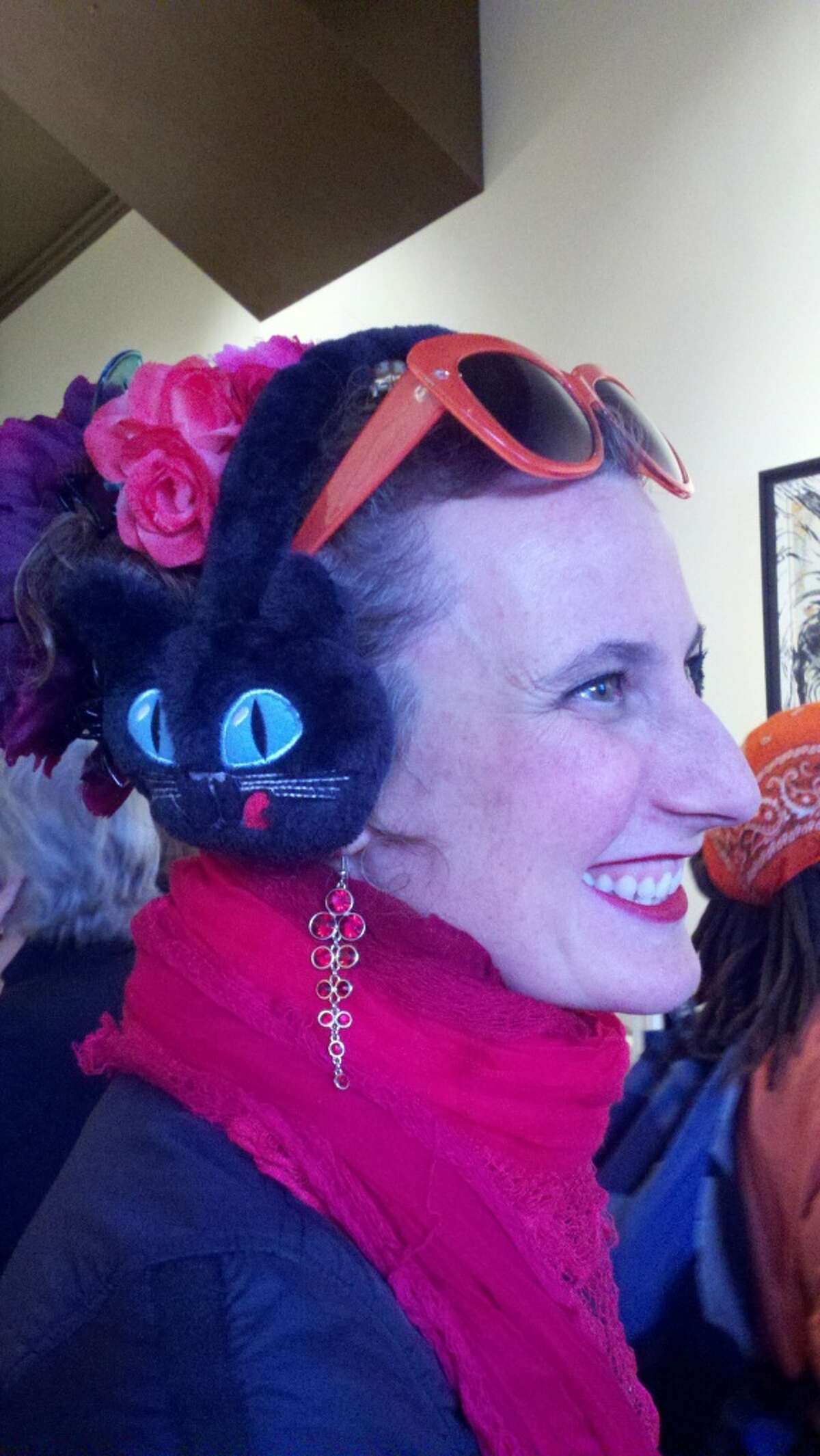 Jessica Anne Schwartz, the artist's studio-mate, in cat/Frieda Kahlo chapeau
