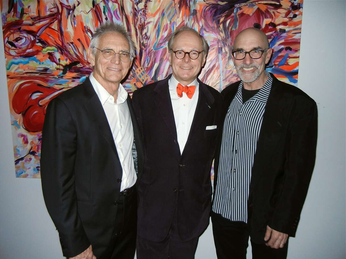 Artist Charles Arnoldi (at left) with gallerist Martin Muller and illustrator Mark Ulriksen at a post-exhibition dinner in Muller's Modernism West atelier. March 2014. By Catherine Bigelow.