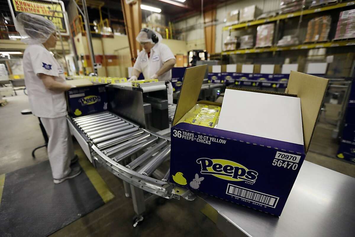 Peeps move through the manufacturing process at the Just Born factory Wednesday, Feb. 13, 2013, in Bethlehem, Pa. (AP Photo/Matt Rourke)