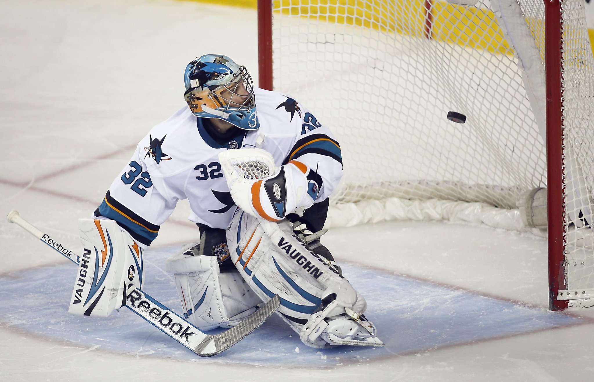 Karri Ramo of the Tampa Bay Lightning makes a pad save as Matt