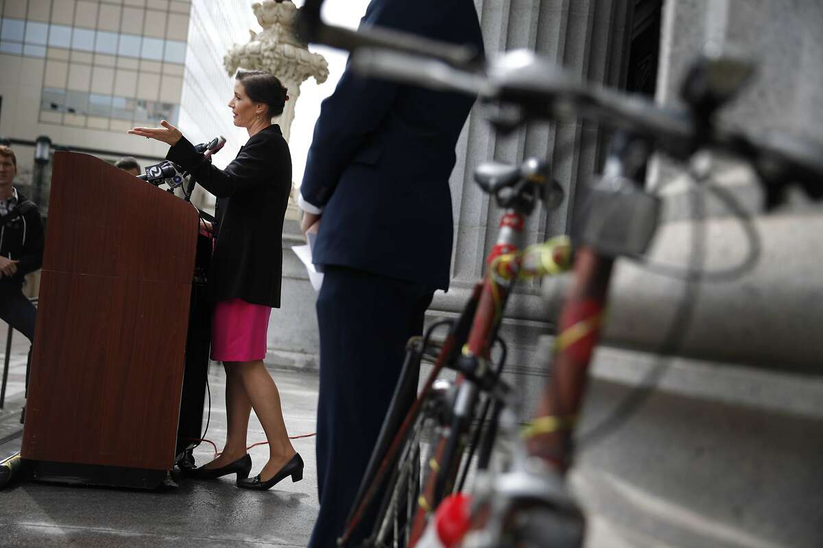 Oakland Councilmember Libby Schaaf speaks during a press conference to present a new study on the dangers to Oakland bicyclists and pedestrians and introducing legislation to reduce harassment of bicyclists and pedestrians on Tuesday, March 25, 2014, in Oakland, Calif.