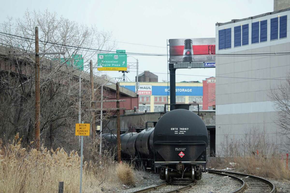 Tanker rail cars are seen on tracks near Interstate 787 on Tuesday, March 25, 2014, in Albany, N.Y. (Paul Buckowski / Times Union)