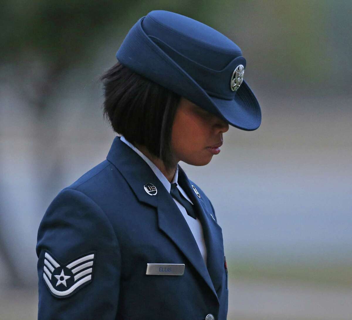 U.S. Air Force Staff Sgt. Annamarie Ellis arrives at Lackland Air Force Base for her trial on malt raining and maltreating basic trainees charges, Monday, March 24, 2014.