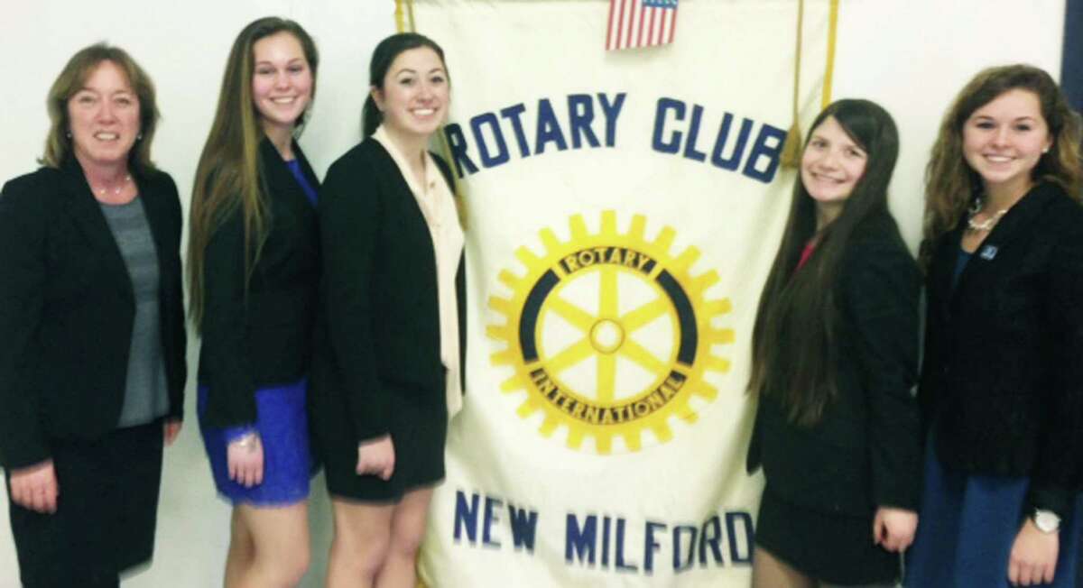On hand March 18 for a presentation to the Rotary Club of Greater New Milford are New Milford High School's DECA representatives, including advisor Debbie Knipple and students Carolyn O'Hara, Abbey Zimmerman, Christina Kwapien, Rachel O'Hara, Devon Woods and Taylor Terranova.