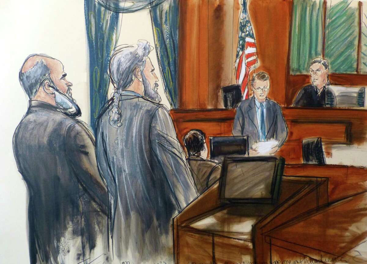 In this courtroom sketch, from left, Sulaiman Abu Ghaith stands next to his attorney, Stanley Cohen, as courtroom deputy Andrew Mohan, reads the verdict and Judge Lewis Kaplan, right, listens, Wednesday, March 26, 2013 at federal court in New York. Abu Ghaith, Osama bin Laden's son-in-law and the voice of fiery al-Qaida propaganda videotapes after the Sept. 11 attacks, was convicted Wednesday of conspiring to kill Americans for his role as the terror group's spokesman. The verdict came after about six hours of deliberation over two days in the case against Abu Ghaith, the highest-ranking al-Qaida figure to face trial on U.S. soil since the attacks. (AP Photo/Elizabeth Williams)
