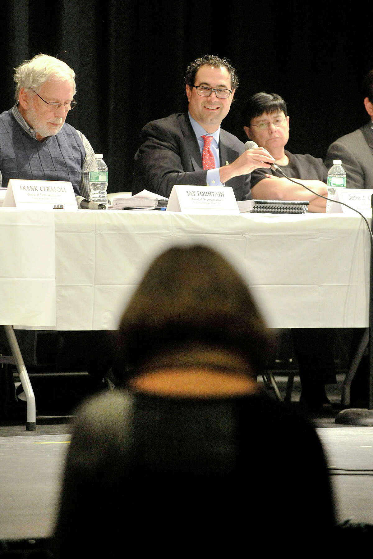 Deborah Golden, foreground, speaks as John Louizos, chairman of the Board of Finance, grabs the microphone during the public hearing on Mayor David Martin's proposed budget before the Board of Finance and Board of Representatives at Westhill High School in Stamford, Conn., on Thursday, March 27, 2014.