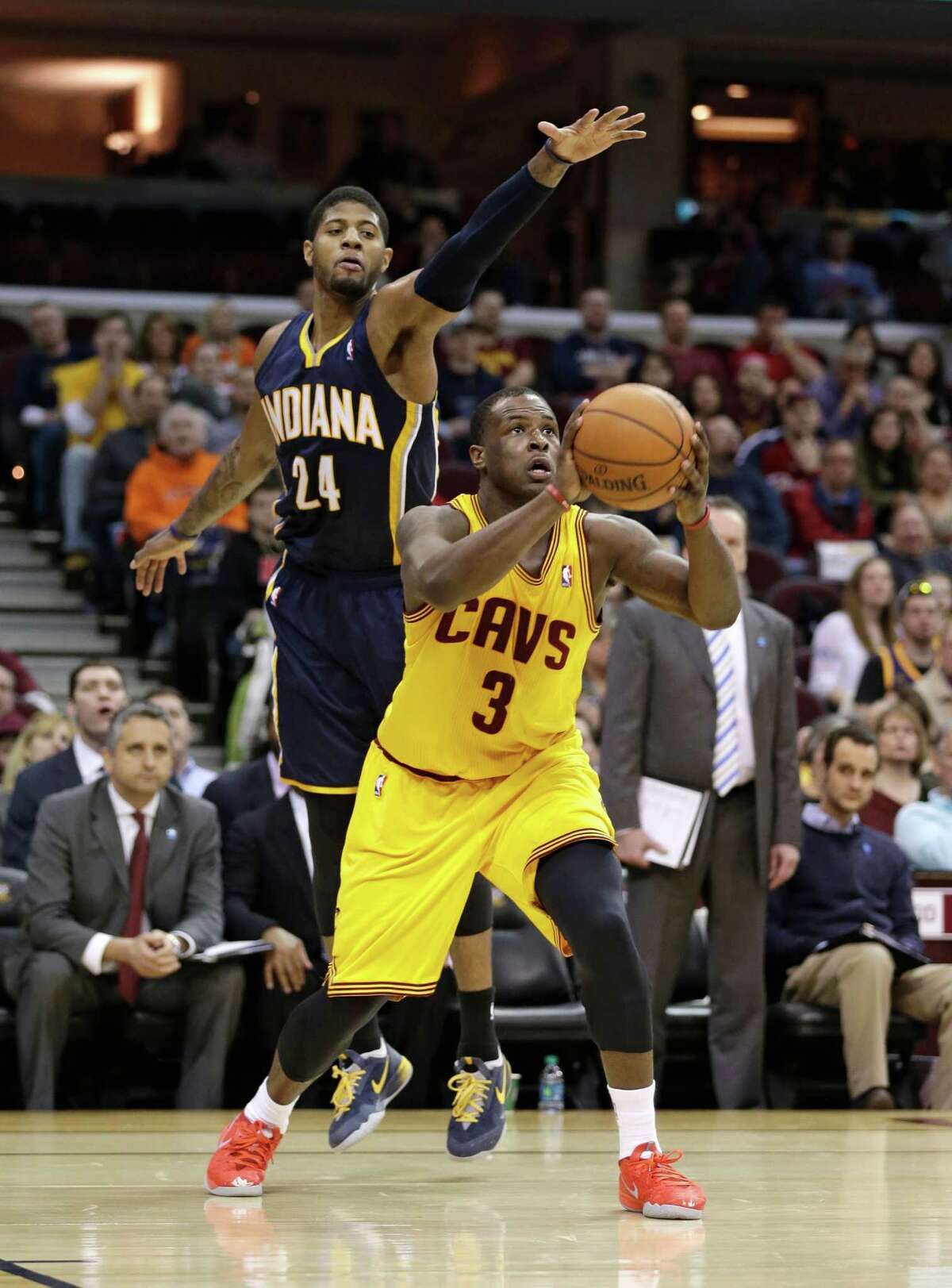 Dion Waiters, who led the Cavs with 19 points, shoots after getting past the Pacers' Paul George.