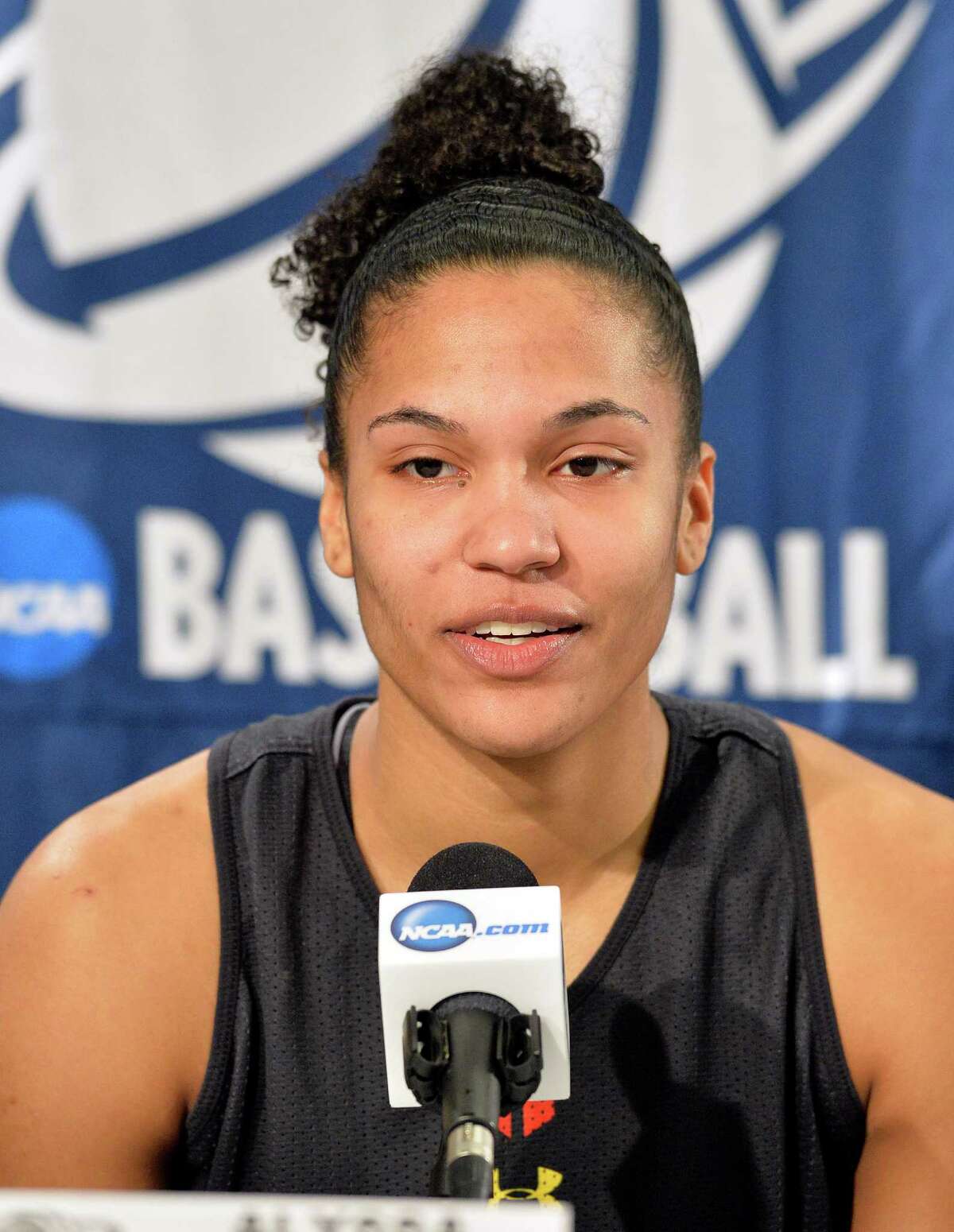 Maryland's Alyssa Thomas speaks during a news conference at the NCAA college basketball tournament in Louisville, Ky., Saturday, March 29, 2014. Maryland plays Tennessee in a regional semifinal on Sunday. (AP Photo/Timothy D. Easley)