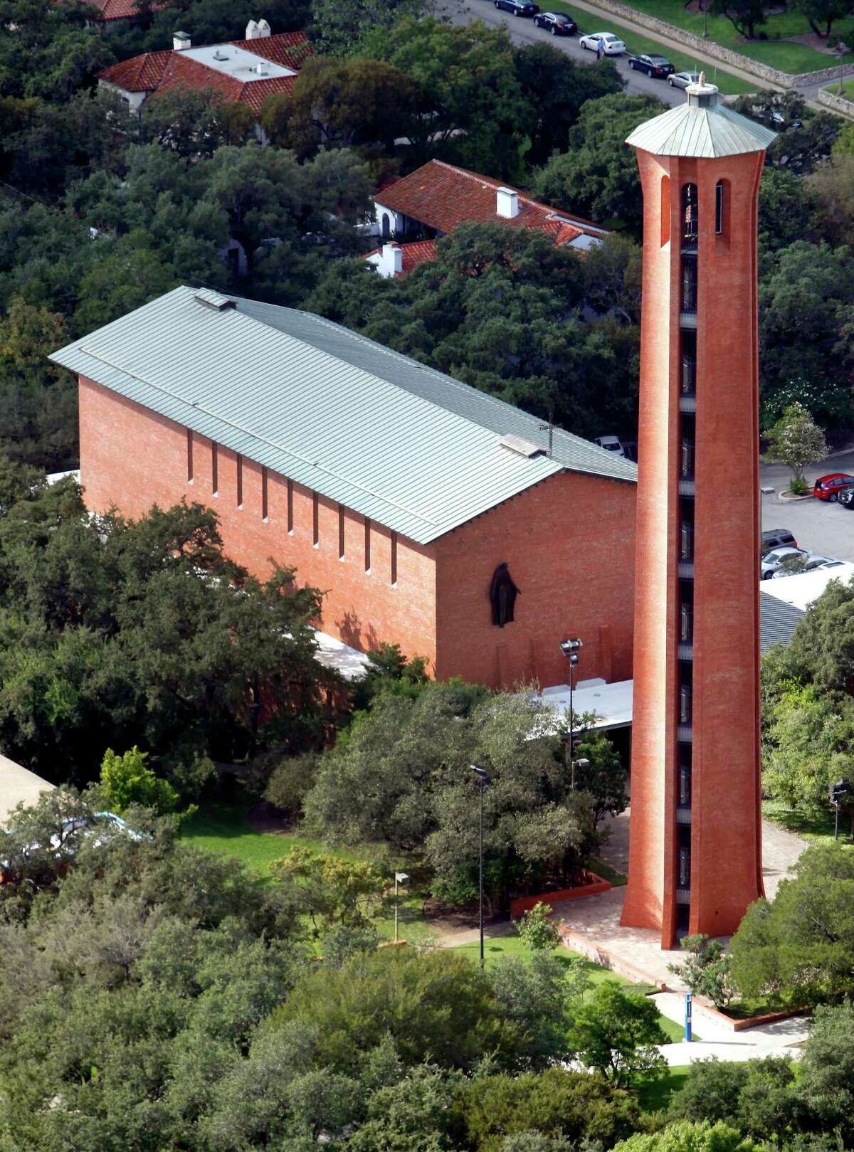 Trinity University's Murchison Tower is seen in this Oct. 25, 2012 aerial photo as it stands in front of Parker Chapel.