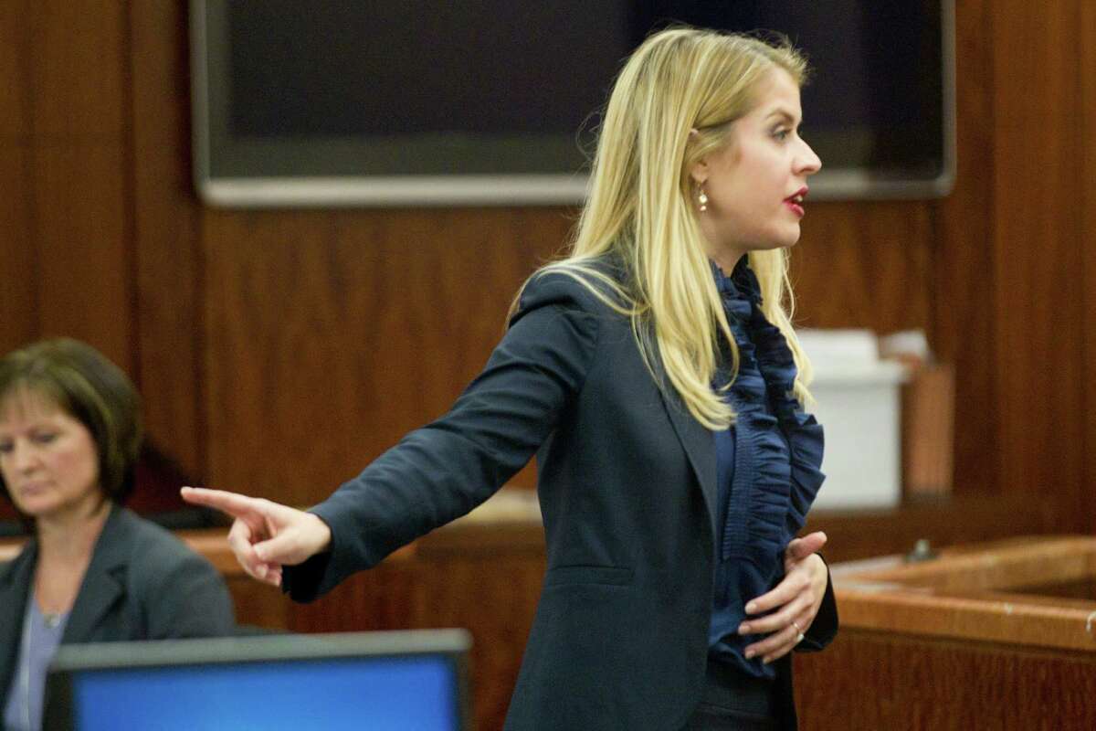 Prosecutor Sarah Mickelson give her opening argument in the trial against Ana Lilia Trujillo Monday,March 31, 2014, in Houston. Trujillo, 45, is charged with murder, accused of killing her 59-year-old boyfriend, Alf Stefan Andersson, at his Museum District high-rise condominium in June 2013.