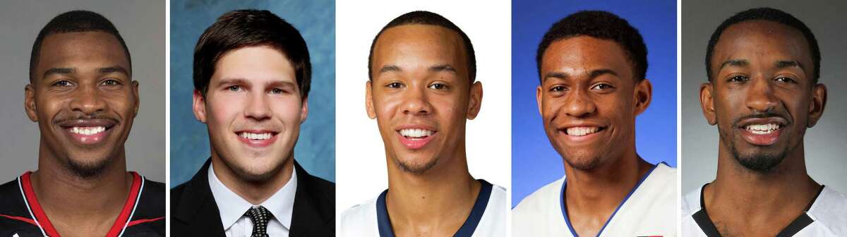 These recent photos provided by their respective schools show, from left, NCAA college basketball players: Sean Kilpatrick, Cincinnati; Doug McDermott, Creighton; Shabazz Napier, UConn; Jabari Parker, Duke, and Russ Smith, Louisville. Kilpatrick, McDermott, Napier, Parker and Smith were selected to The Associated Press All-America team, released Monday, March 31, 2014. (AP Photo) ORG XMIT: NY268