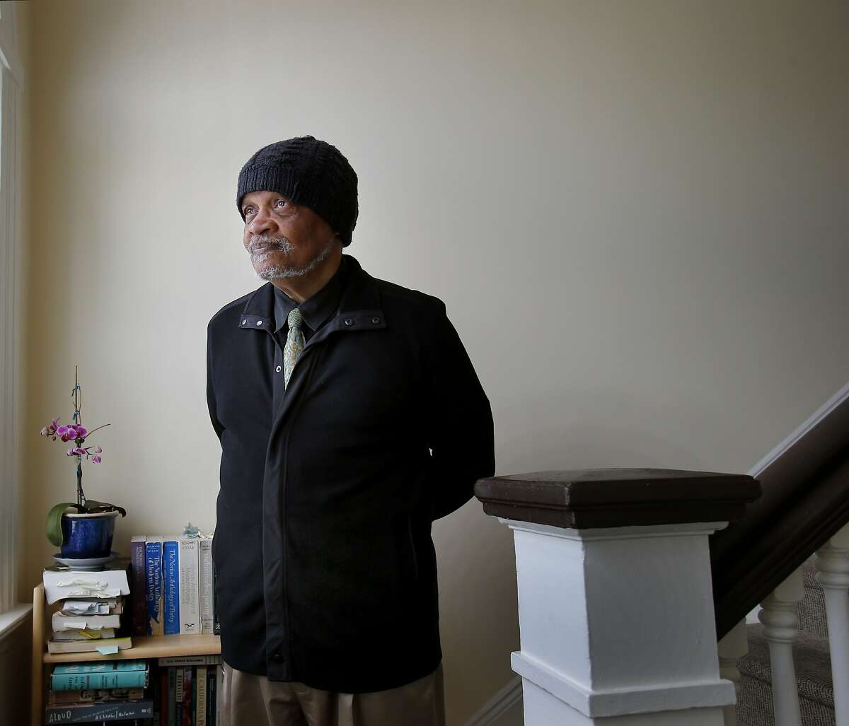 Poet Ishmael Reed stands on the staircase of his East Bay home Tuesday April 1, 2014. SFJAZZ Poet Laureate Ishmael Reed is heading a diverse group of poets for the first SFJAZZ Poetry festival.