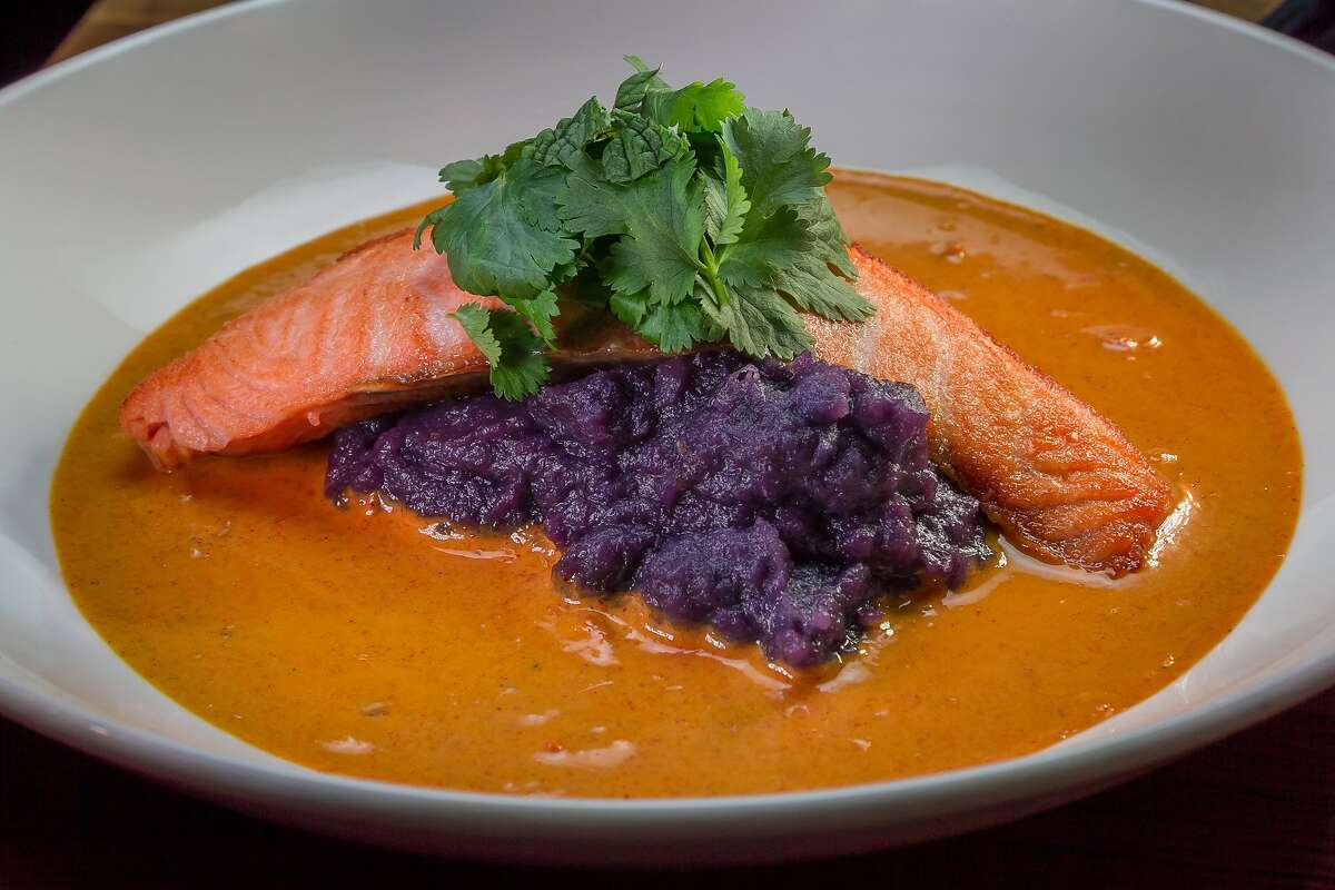 Salmon with Purple yam and Curry at Osmanthus in Oakland, Calif., is seen on Wednesday, March 26th, 2014.