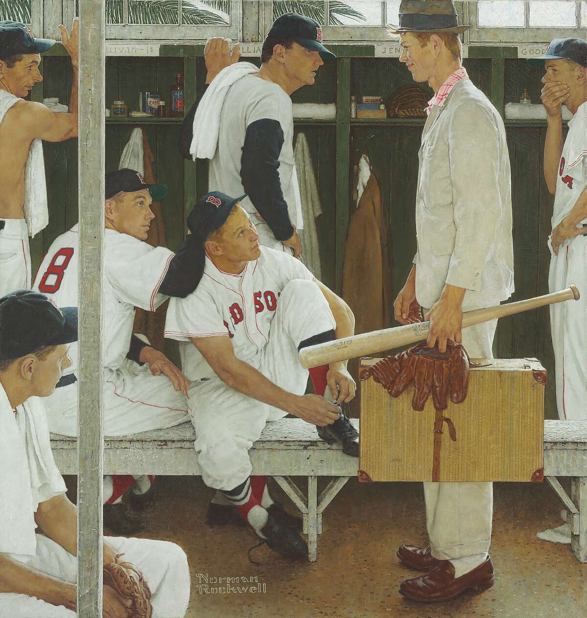 这张照片由CURTIS LICENSING通过纽约佳士得拍卖行提供，展示了诺曼·洛克威尔1957年的画作“新秀(红袜队更衣室)”。这幅画描绘了投手弗兰克·沙利文、右外野手杰基·詹森和接球手萨米·怀特、二垒手比利·古德曼和名人堂成员泰德·威廉姆斯。这幅画将于5月22日在佳士得拍卖，预售估价为2000万至3000万美元。(美联社图片/Curtis Licensing)强制性学分