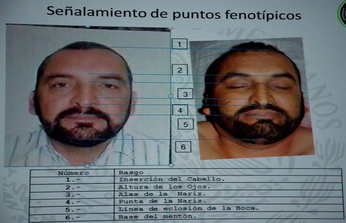 A slide that shows images of suspected drug lord Enrique Plancarte, when he was alive and when he was dead, points out similarities in facial features, during a press conference in Mexico City, Tuesday, April 1, 2014. Mexican officials said Tuesday that Plancarte, one of the two remaining top leaders of the Knights Templar drug cartel, was killed after he refused to surrender and opened fire on marines. A top federal police official, said Plancarte died Monday after marines spotted him walking down a street in the central state of Queretaro. (AP Photo/Eduardo Verdugo)